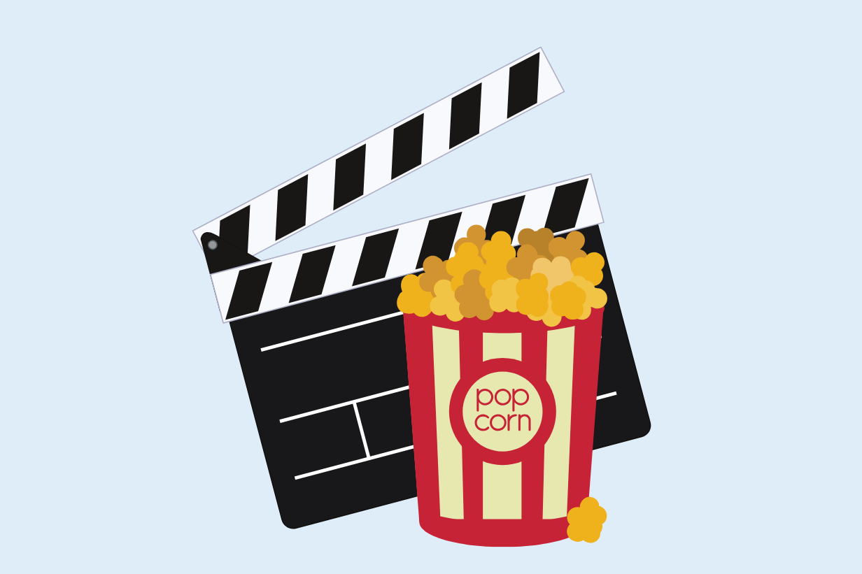 Illustrerende bilde av filmklipp og pop corn. 